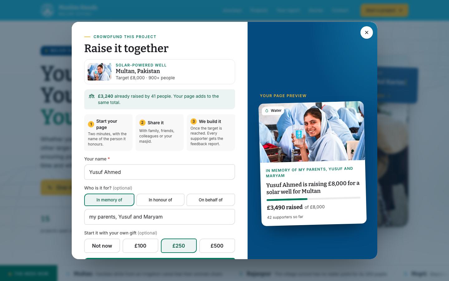 Crowdfunding sheet with live page preview