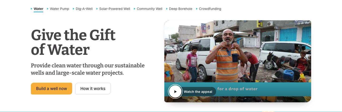 Opened on “Give the Gift of Water” and a video