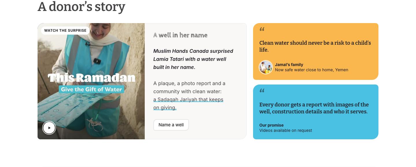 Donor story with a “Name a well” button
